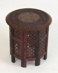 Carved Wooden Octogonal Table Brass Inlay