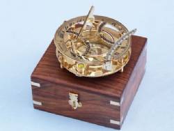 Brass Round Sundial Compass With Rosewood Box 6"