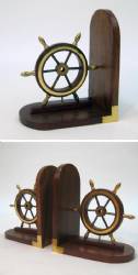 Bookend Pair Wooden Ship Wheel Brass Fitted