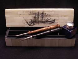 Scrimshaw Bone Box With Pens and Ink Well