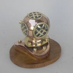 Copper And Brass Diving Helmet With Wooden Base