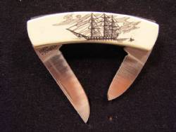 Scrimshaw 2 Blade Knife With Antler Bone Handle